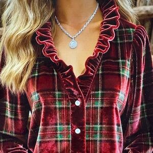 Plaid Velvet Ruffle Blouse - Red and Green